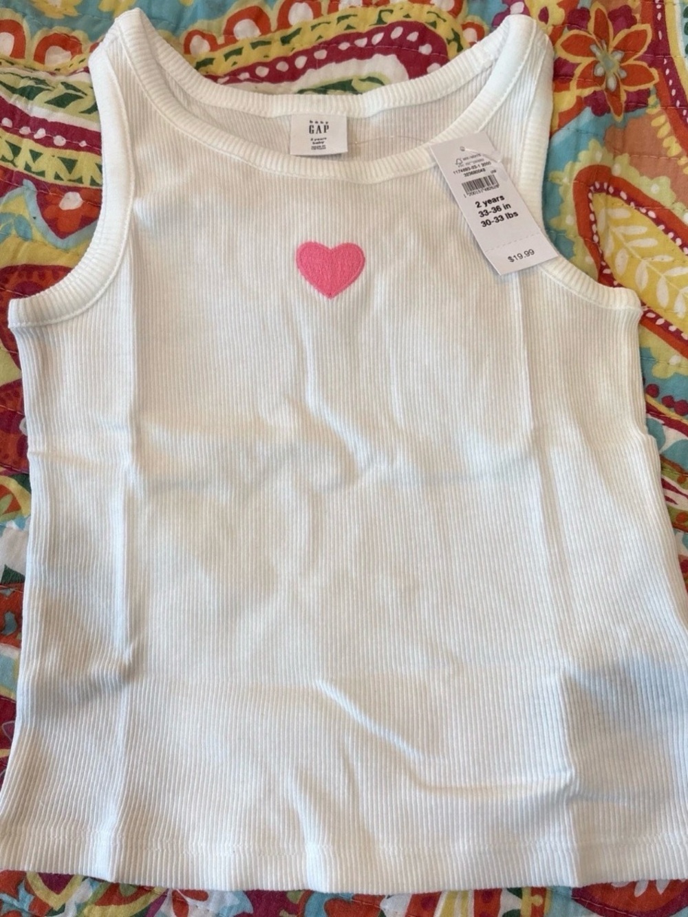 GAP Girls' White Ribbed Tank Top with Pink Heart 2T